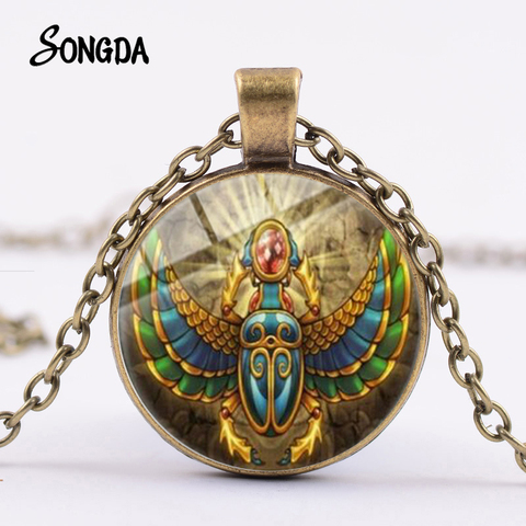 Retro Egyptian Scarab Photo Chain Necklace Symbol of Strength Glass Cabochon Pendant Egypt Amulet Charm Statement Jewelry ► Photo 1/6