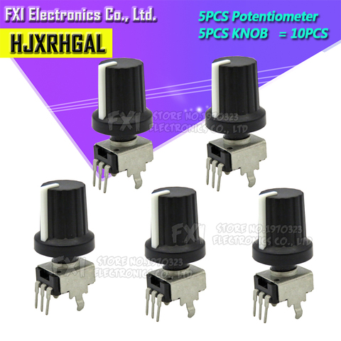 5 Sets RV09 Vertical 1K 10K 20K 50K 100K 500K Ohm Adjustable Resistor 9 Type 3pin Seal Potentiometer for Arduino with knob cap ► Photo 1/3