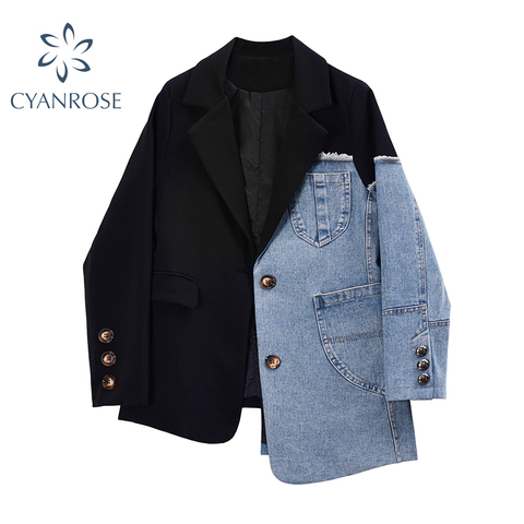 Women Vintage Fashion Blazer Denim Patchwork Jackets 2022 Autumn Winter Irregular Coat Women Long Sleeve Loose Korean Outerwear ► Photo 1/2