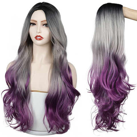 Long Gray purple Golden Ombre Synthetic Wigs Natural Part Side Wavy Heat Resistant Hair Cosplay Daily Wig for White Black Women ► Photo 1/6