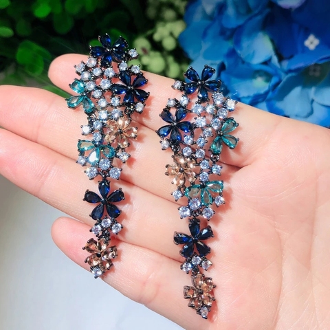 CWWZircons Long Drop Flower Multi Color Blue Cubic Zirconia Earrings for Women Fashion Statement Wedding Party Jewelry CZ669 ► Photo 1/6