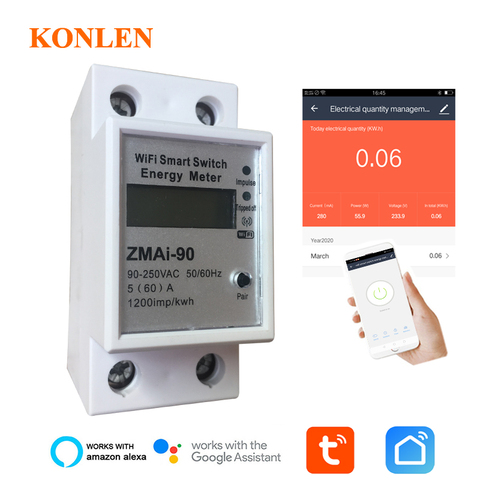 Tuya WIFI Smart Switch 60A Energy Meter Remote Control Relay Controller Timer Power Consumption kWh wattmeter Google Home Alexa ► Photo 1/6