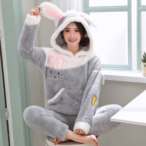 2022 Winter Women Pyjamas Sets Sleepwear Suit Thick Warm Coral Flannel Nightwear Femme Cartoon Pijama Mujer Cute Rabbit Pajamas ► Photo 1/6