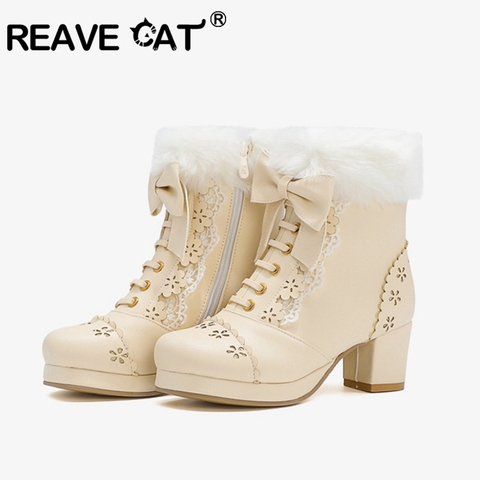 REAVECAT Autumn Winter Mid-Calf boots Round toe Chunky heels PU Zip Flower Lolita Ladylike Big size 33-46 Pink Party Show A3151 ► Photo 1/6
