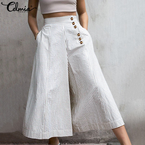 2022 Fashion High Waist Work Pants Women Retro Striped Trousers Celmia Autumn Casual Buttons Loose Elegant Party Wide Leg Pants ► Photo 1/6