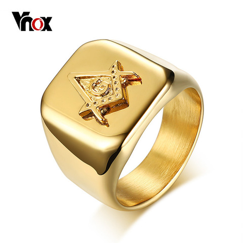 Vnox Gold Tone Men's Masonic Compass Square Free Mason Ring High Polished Stainless Steel Big Male Ring Party Cool Jewelry ► Photo 1/6