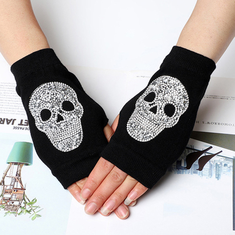 Women's Winter Warm Touch Screen Mitts Black Knit Half Finger Driving Gloves Punk Skull Rhinestone Short Hip-hop Gloves H82 ► Photo 1/6