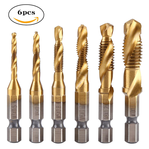 ZK30 6Pcs M3-M10 Hex Shank Titanium Plated HSS Screw Thread Metric Tap Drill Bits High Speed Steel Titanium Quick Change Hex ► Photo 1/6