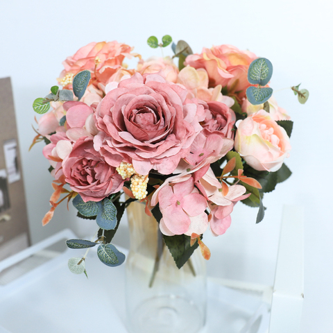 Artificial Flowers Retro Silk Rose Bouquet Hydrangea Peony Vintage Bride Holding Fake Flower Home Wedding Decoration Accessories ► Photo 1/6