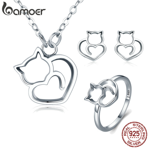 BAMOER Hot Sale 925 Sterling Silver Fashion Cute Cat Animal Earrings Rings Women Jewelry Sets Wedding Silver Jewelry ZHS093 ► Photo 1/6