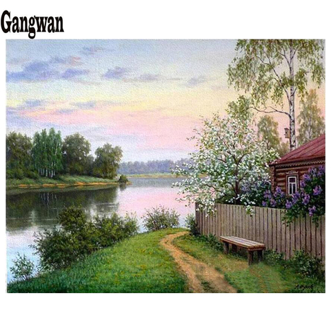 village lake natural scenery diamond embroidery full rhinestone diamond mosaic diamond painting cross stitch kit home decoration ► Photo 1/6