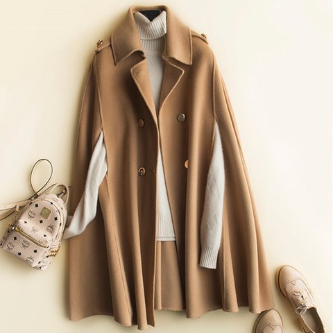 2022 100% Wool Mid Long Bat Cape Women Woolen Coats Autumn Loose Double Sided Cashmere Coat Female Fashion Brown Outerwear ► Photo 1/6