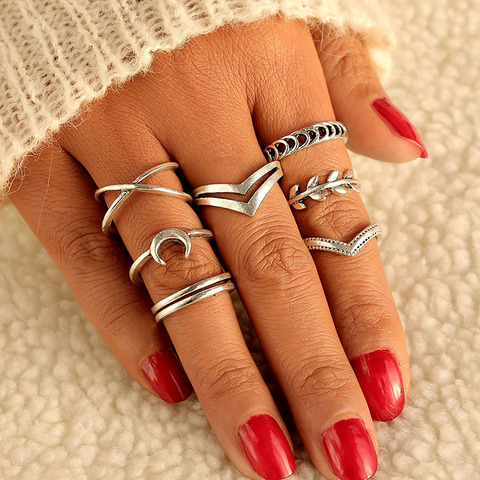 EN Retro Moon Leaves Ring Set for Women Fashion Twist Knuckle Finger Ring Party Fashion Jewelry Gifts ► Photo 1/6