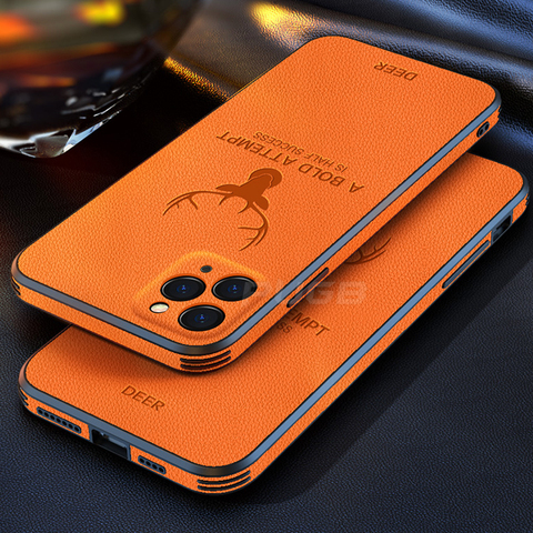 Luxury Square Frame Leather Texture Case for IPhone 12 Pro Max Mini IPhone 11 Pro X XR XS Deer Lens Protection Shockproof Cover ► Photo 1/6