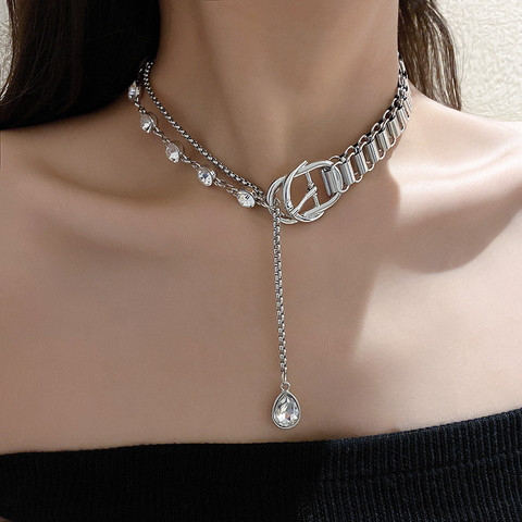 FYUAN Geometric Crystal Choker Necklaces for Women Splicing Chain Button Long Pendant Necklaces Statement Jewelry ► Photo 1/6