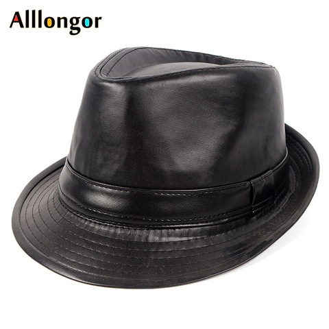 Fashion Pu Leather gentleman Fedora Hat Men Autumn 2022 Fedoras Solid Black Vintage Dad Hats chapeau Femme Cap Panama Jazz Hat ► Photo 1/6