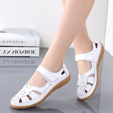 Women Mother Genuine Leather Shoes Soft Bottom Sandals Flats Summer Ladies Hollow Out Beach Shoes Quality Hot Gladiator Sandals ► Photo 1/6