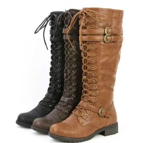 Sexy Lace Up Knee High Boots Women Fashion Boots Flats Shoes Woman Square Heel Rubber Flock Boots Botas Winter Buckle Size 43 ► Photo 1/6