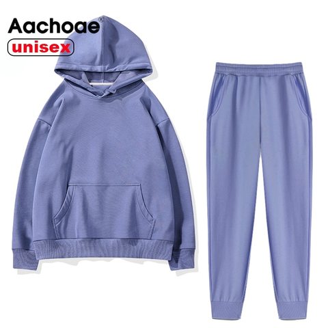 Aachoae 2022 Women Unisex Couple Fleece 100% Cotton Suits 2 Pieces Sets Casual Tracksuit Hoodies Sweatshirt Pants Plus Size ► Photo 1/6