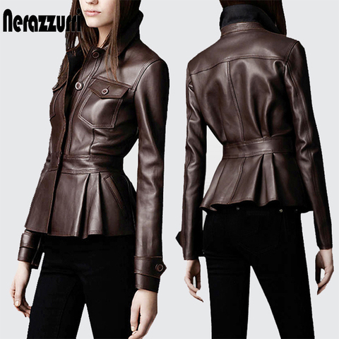Nerazzurri Black leather trench coat for women with many pockets single breasted buttons long sleeve Plus size slim soft fashion ► Photo 1/6