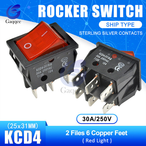 KCD4 2 Files 6 Pins Feets Copper Rocker Switch Power Touch On/off Ship Type Switch with light Silver Contacts 30A/250V 25*31MM ► Photo 1/6