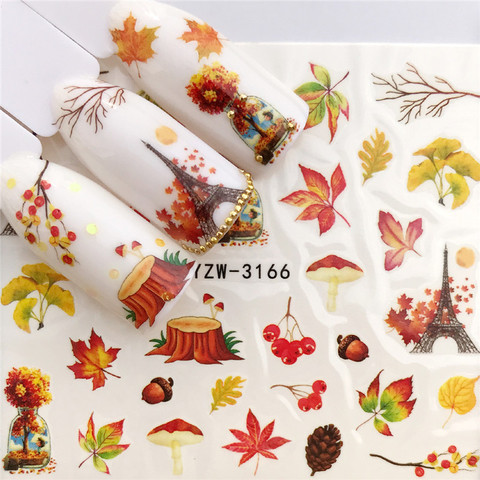 1pcs Fall Leaves Nail Art Stickers Gold Yellow Maple Leaf Water Decals Sliders Foil Autumn Design For Nail Manicure ► Photo 1/5