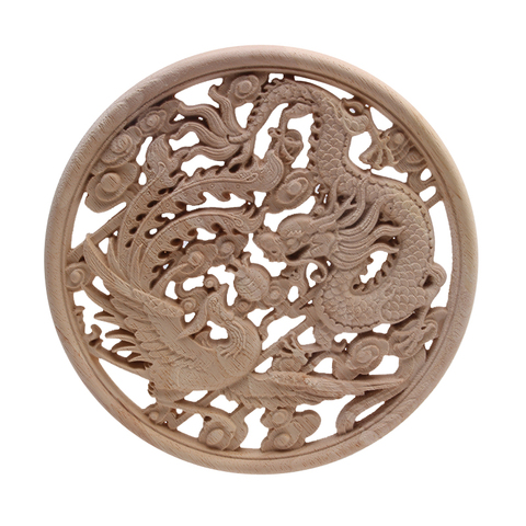 European Decorative New Solid Wood Dragon and Phoenix Round Flower Factory Direct-Selling Carved Decorative Furniture Wood Decal ► Photo 1/6