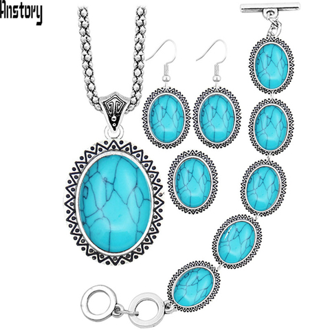 Sunflower Oval Synthetic Turquoises Jewelry Sets Necklace Bracelet Earrings Ring For Women Antique Silver Plated Jewelry TS71 ► Photo 1/6