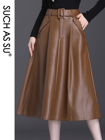 SUCH AS SU 4 Colors Available Autumn Winter New Arrival Ladies Skirts Pockets Pleated High Waist Leather Plus Size Women Skirts ► Photo 1/6