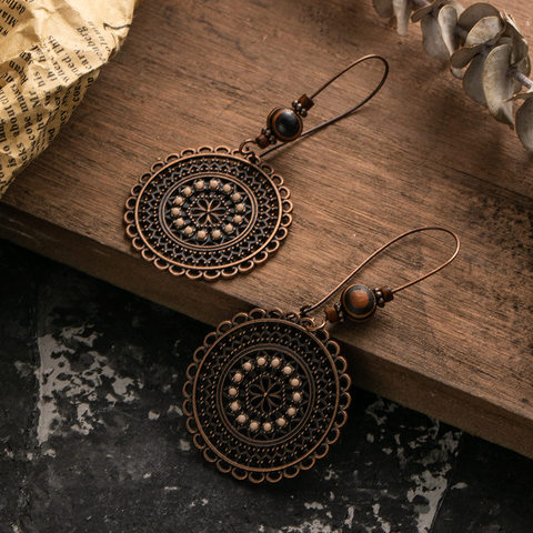 Vintage Hollow Ethnic Round Suspension Hanging Earrings For Women Female's Drop Ear Ornaments Wedding Jewelry Accessories Gifts ► Photo 1/5