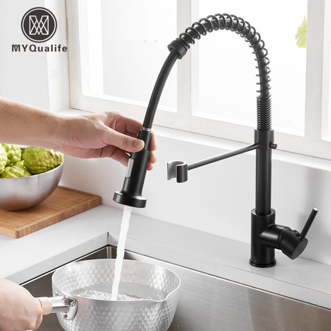 Matte Black Kitchen Sink Faucet One Handle Spring Hot and Cold Water Tap Deck Mounted Bathroom Kitchen Crane ► Photo 1/6