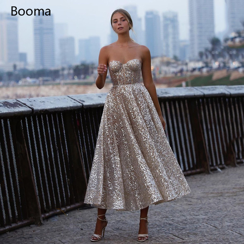 Booma Glitter Sequin Lace Prom Dresses Sweetheart A-Line Short Prom Gowns Open Back Sleeveless Tea-Length Formal Party Gowns ► Photo 1/6