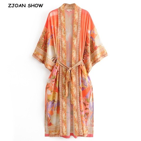 2022 Bohemia Orange Mermaid Flower Crane Print Long Kimono Shirt Ethnic Lacing up Sashes Long Holiday Cardigan Loose Blouse Tops ► Photo 1/6