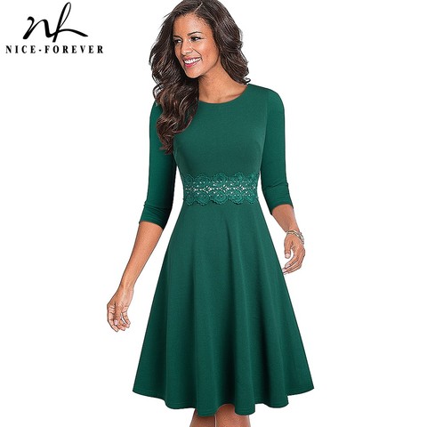 Nice-forever Autumn Retro Pure Color with Lace Dresses Party A-Line Women Flared Swing Dress A190 ► Photo 1/6