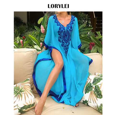 2022 Blue Bohemian Embroidered Batwing Sleeve Side Split Summer Beach Dress Chiffon Tunic Women Plus Size Beachwear kaftan Q746 ► Photo 1/6