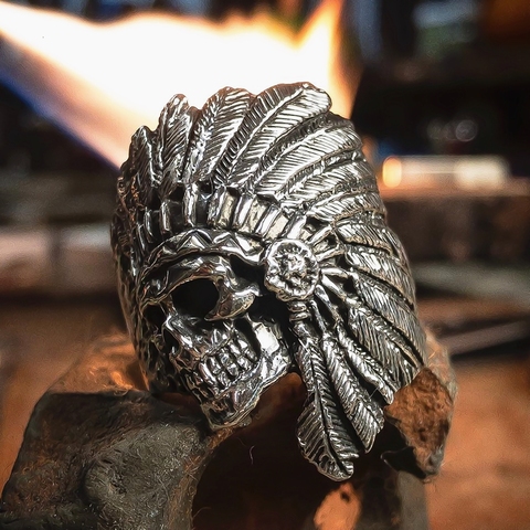 Vintage American Native Stainless Steel Skull Ring Mens Indian Tribe Warrior Biker Jewelry ► Photo 1/4