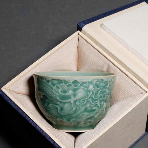 PINNY 85ML Ceramic Embossed Dragon Teacups Celadon Kung Fu Master Cup Traditional Chinese Heat Resistant Drinkware ► Photo 1/5