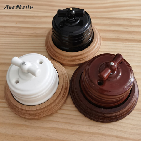 Retro Switch Socket Wooden Base Wall Lamp 1-2 Gang Power Switch EU Socket Wooden Base Brown Primary Wood Color ► Photo 1/6