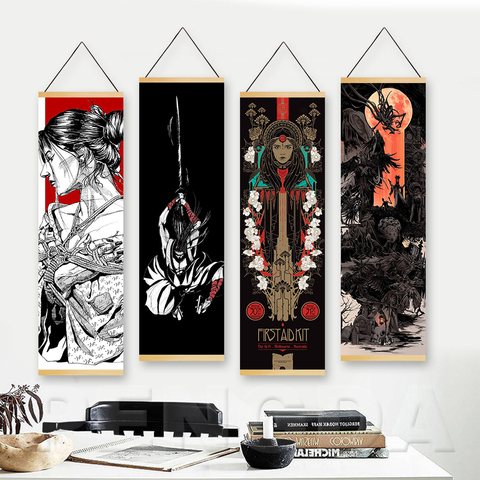 Wall Art Nordic Style Japan Geisha Girl Sword Modern Painting Solid Wood Hanging Scroll Canvas Printed Picture Poster Home Decor ► Photo 1/5