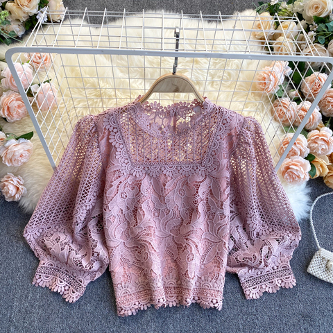 2022 Temperament Fashion New Spring French Hollow Blouse Female Lace Round Neck Puff Sleeve Blusa All-match Short Shirt C242 ► Photo 1/6