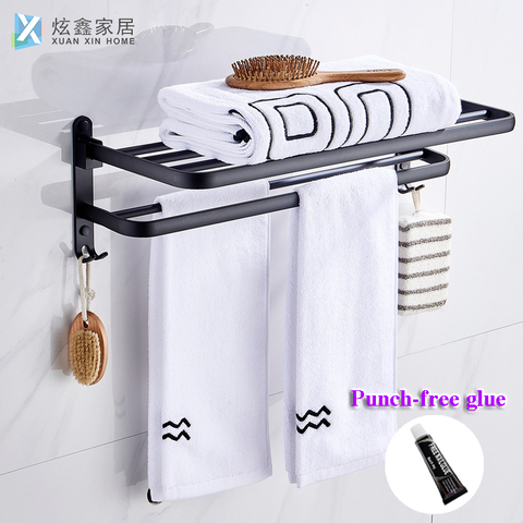 Towel Rack Bathroom Holder Matte Black Aluminum Organizer Hanger Wall Mounted Folding Locker Room Storage Shelf Hook Accessories ► Photo 1/6