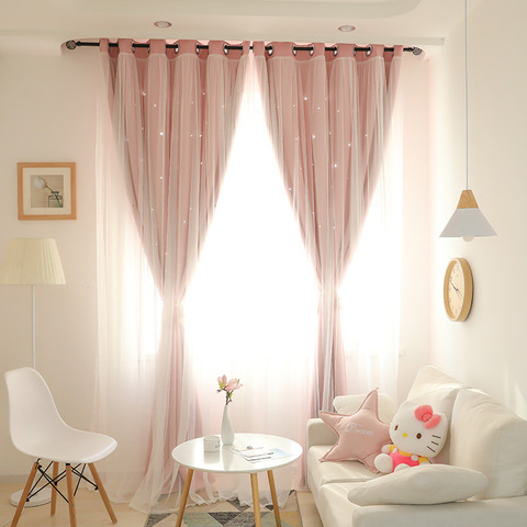 Korean Double Pink Princess Curtains for  Living Room Hollow Stars Lace Curtain for  Bedroom Shade Curtain Tulle Cloth ► Photo 1/5