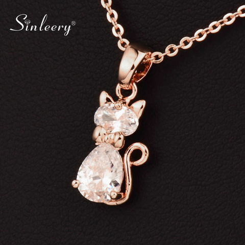 SINLEERY Charm White Cubic Zircon Cat Animal Pendant Necklace For Women Rose Gold Silver Color Chain Jewelry Gifts Xl534 SSC ► Photo 1/6