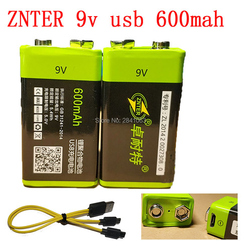 2X ZNTER S19 9V 400mAh USB Rechargeable li-ion 9V Lipo Battery RC Battery For microphone  with USB cable ► Photo 1/1