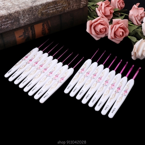 8pcs Plastic Handle Floral Aluminium Crochet Hooks Knitting Needle Set Weaving D16 20 Dropship ► Photo 1/6