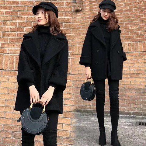 2022 Winter Korean Loose Woolen Coat Women Black Double Breasted Casual Oversize Casacos Feminino Wool Long Coats Female ► Photo 1/6