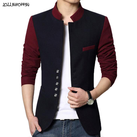 Stand Collar Men Blazer Color Blocking Patchwork Design Casual Tunic Suit Jacket Single Breasted Male Outerwear ► Photo 1/6