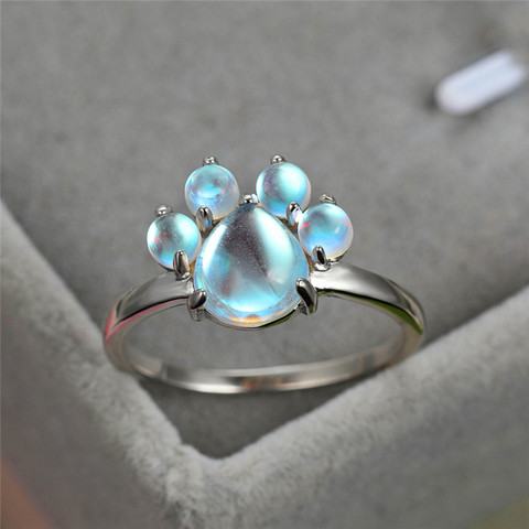 Cute Female Small Dog Cat Paw Ring Real 925 Sterling Silver Moonstone Wedding Ring Promise Love Heart Engagement Rings For Women ► Photo 1/6