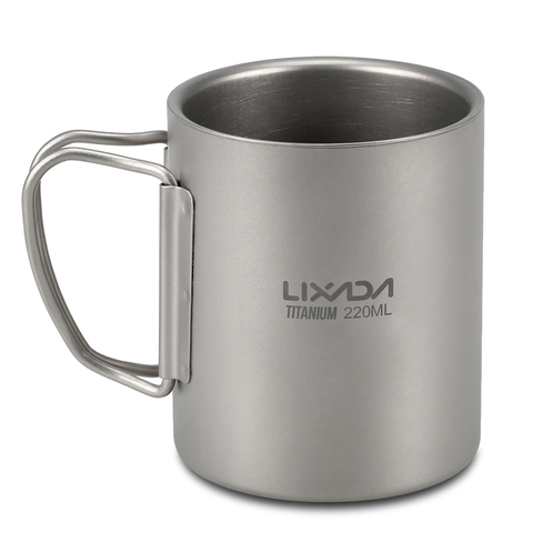 Lixada 450ml Titanium Double Wall Cup Water Coffee Tea Cup Mug with Foldable Handle Folding Spork Spoon Coffee Water Mug ► Photo 1/6