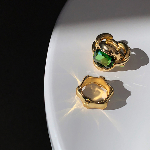 Brass With 18 K Gold Retro Geo Wave Green Stone Rings Women Jewelry Punk T Show Designer Club Cocktail Party Japan Korea Fashion ► Photo 1/5